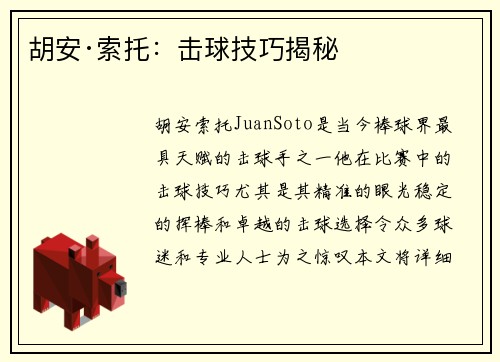胡安·索托：击球技巧揭秘