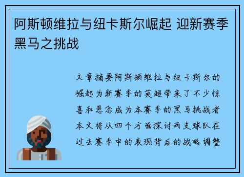 阿斯顿维拉与纽卡斯尔崛起 迎新赛季黑马之挑战